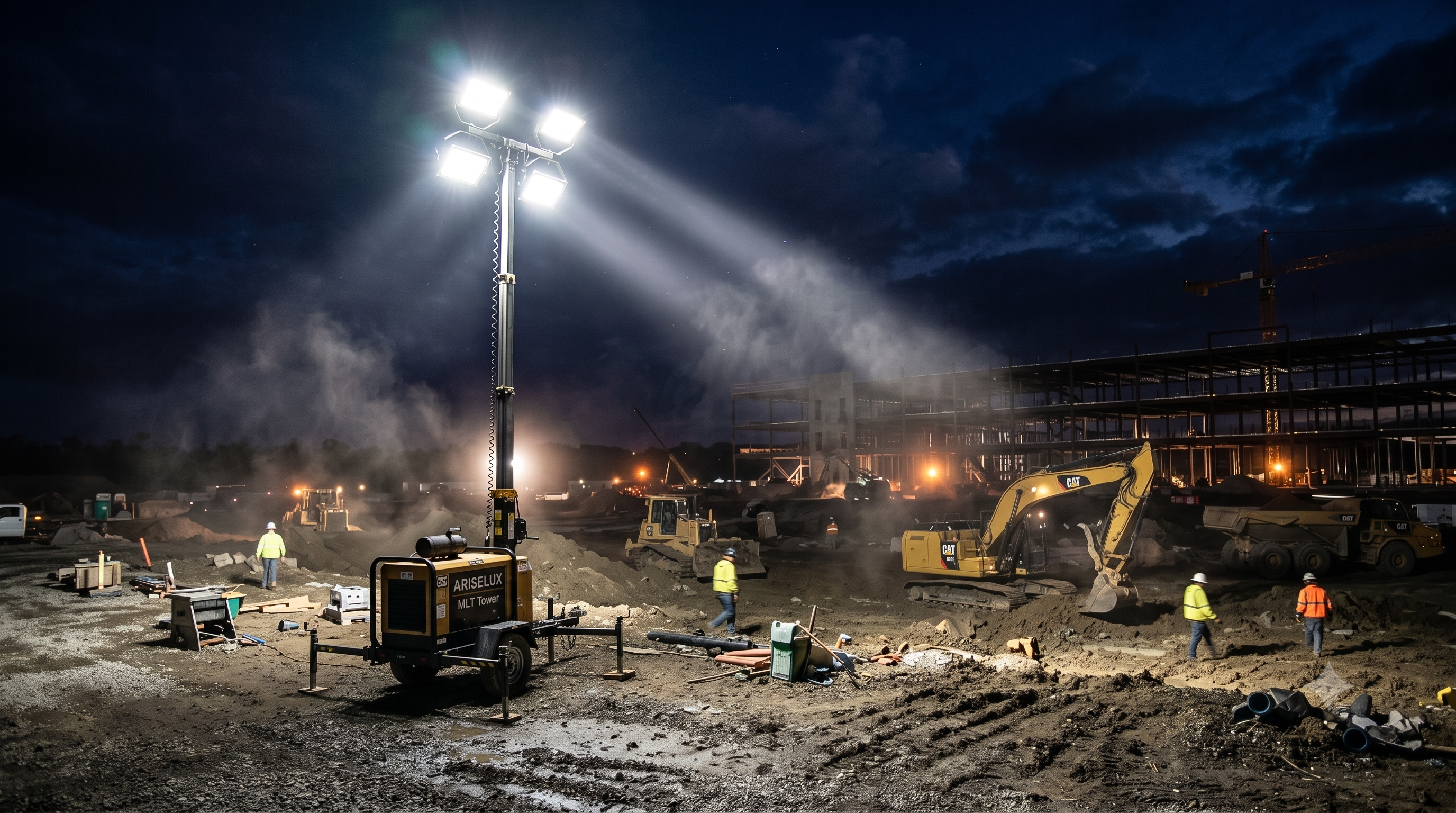 Ariselux Lighting tower illuminating site at night